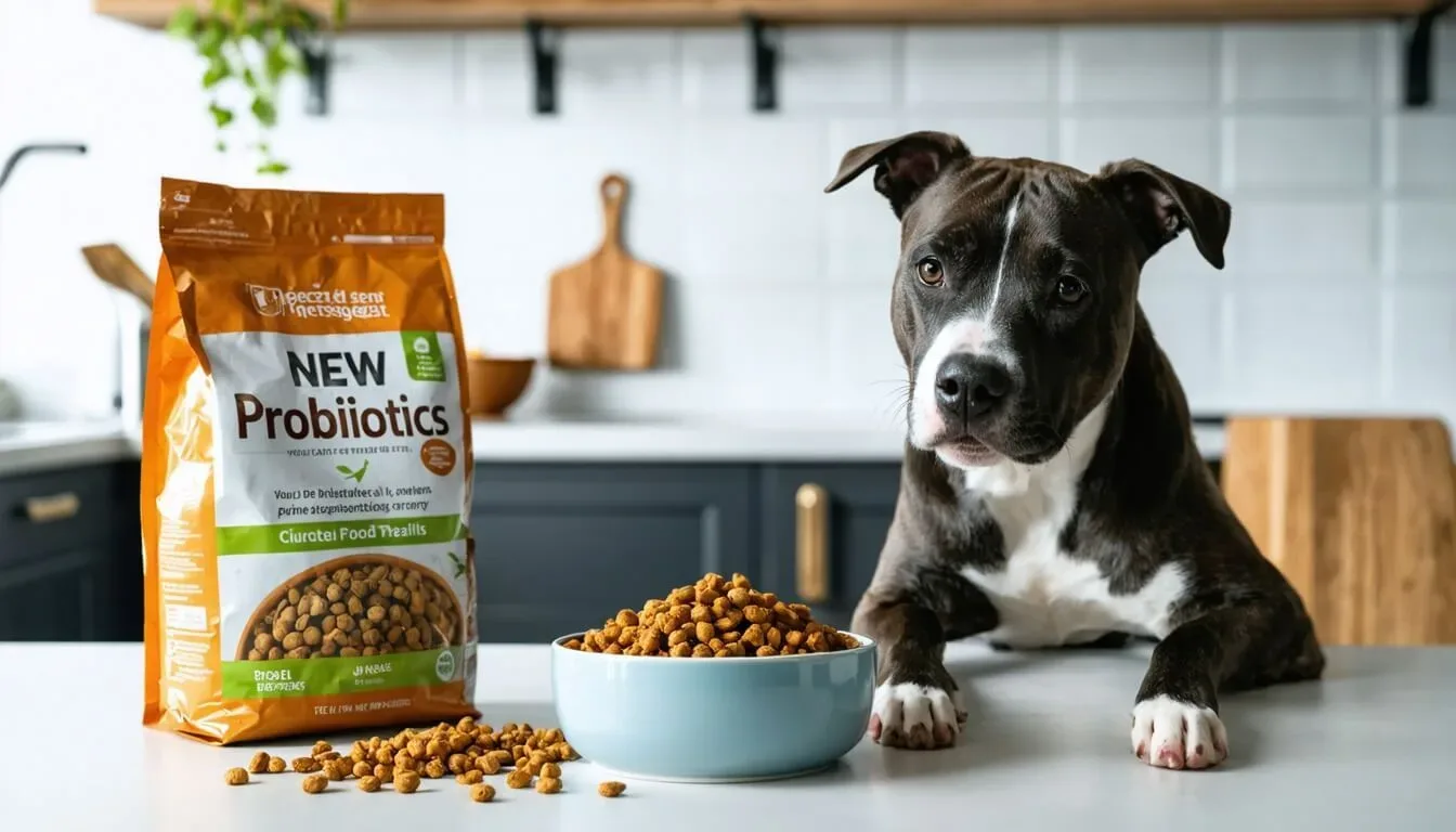 A Staffordshire Bull Terrier curiously looking at a bowl of food, emphasizing the importance of probiotics during food transitions