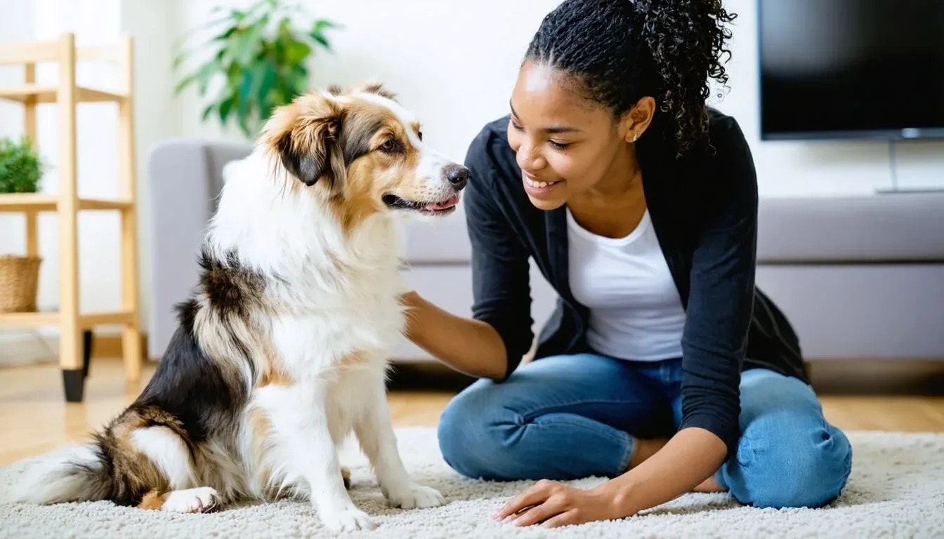 A caring dog owner interacting gently with their dog, highlighting mood changes and support