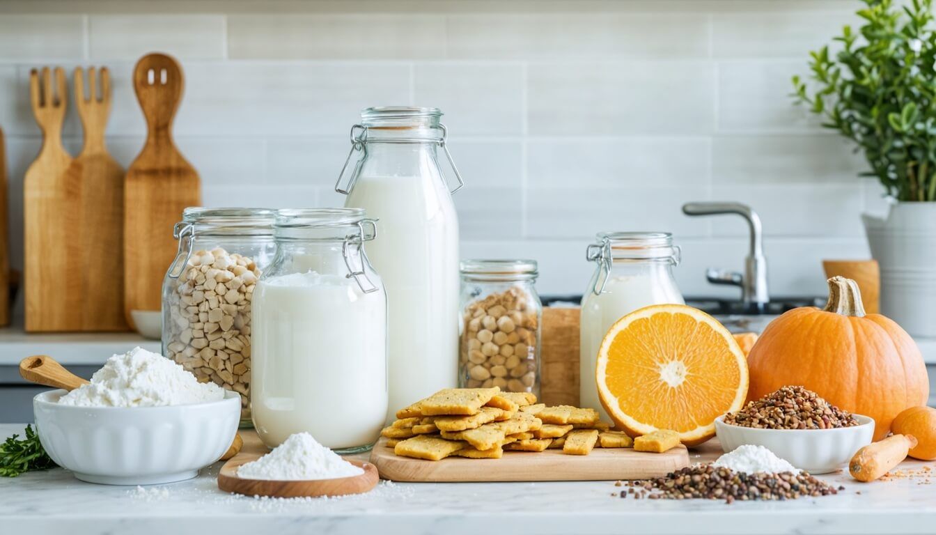 An organised kitchen with ingredients for DIY dog treats, highlighting safety and hygiene in preparation