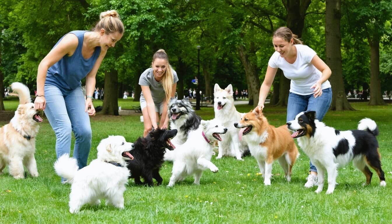 Dog owners engaging happily with their dogs in a park, promoting community and gut health awareness