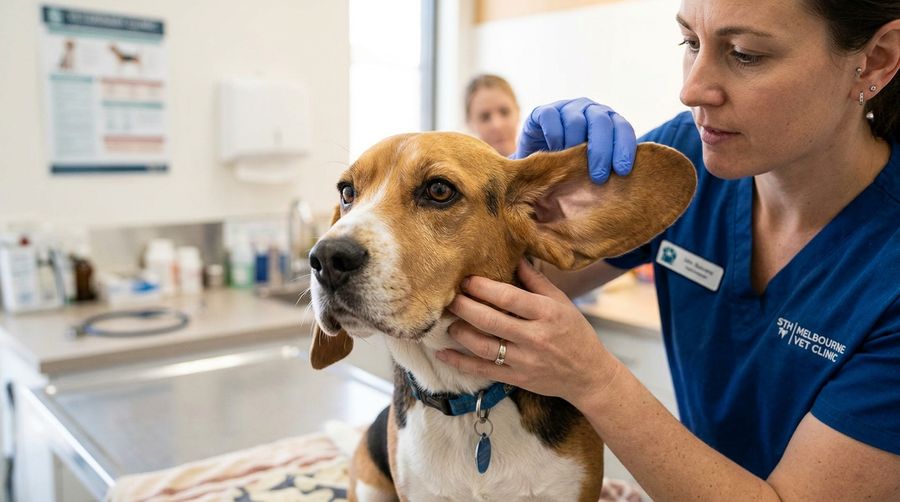 Beagle having its floppy ears gently examined by a veterinarian in a bright Australian vet clinic, illustrating beagle ear care