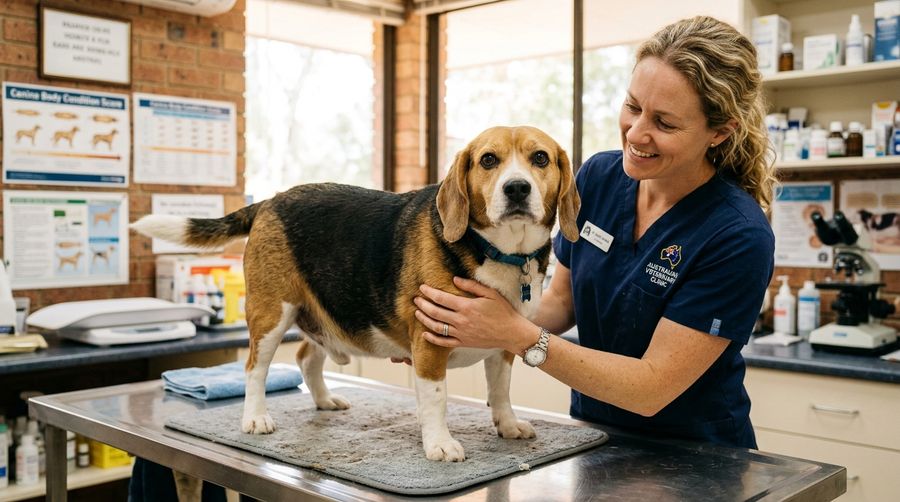 Beagle on a veterinary examination table being assessed for weight and body condition, illustrating beagle obesity prevention