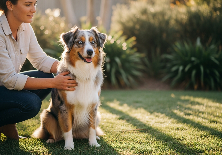 Owner crouching beside an Australian Shepherd in a backyard, offering reassurance as part of a calming routine