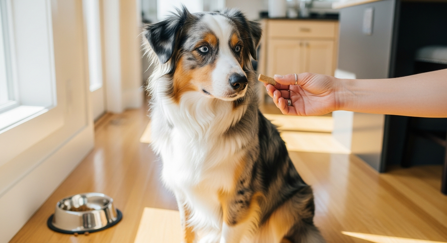 Australian Shepherd sitting beside a food bowl while owner offers a supplement chew, daily supplement routine