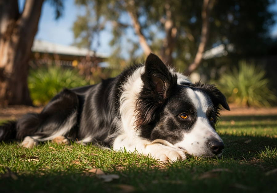 Border Collie resting calmly on grass in an Australian backyard, showing a relaxed settled posture typical of effective daily calming support