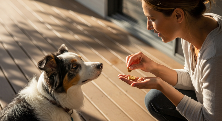 Owner offering a calming supplement chew to a Border Collie on a sunny Australian verandah, illustrating a consistent daily calming routine