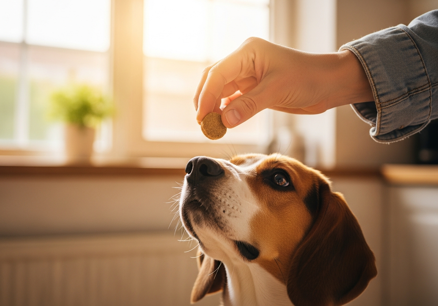 Owner offering a joint supplement chew to a Beagle dog, showing the easy daily routine of supporting joint health