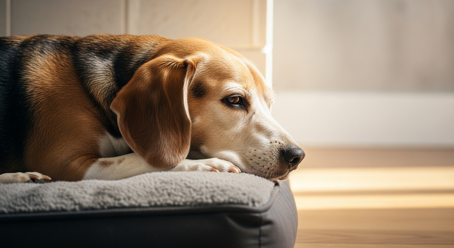 Senior Beagle dog resting peacefully on a dog bed, showing the calm mobility that daily joint support can help maintain