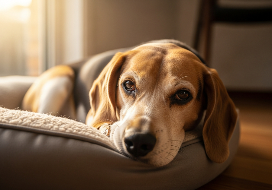 Senior Beagle resting comfortably indoors showing the calm nature of an older Beagle in their senior years