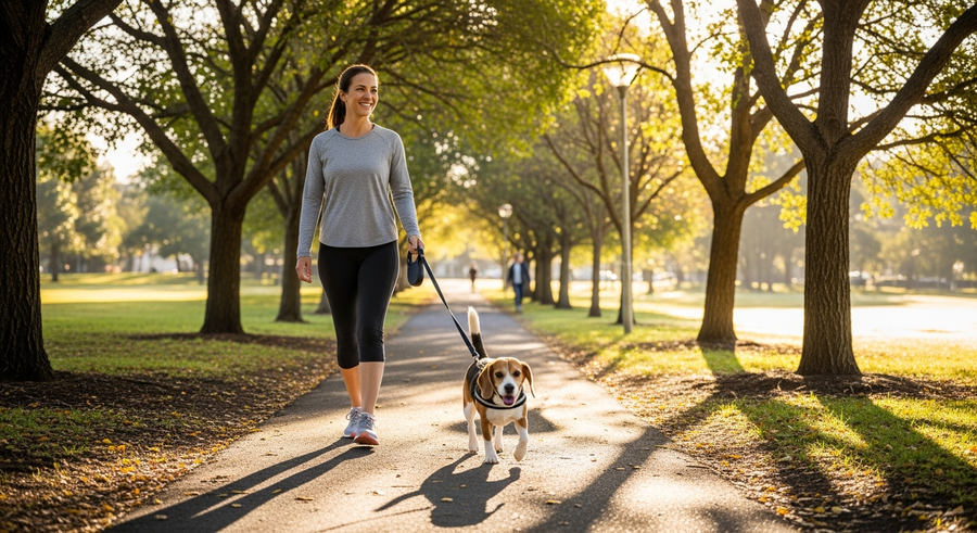 Australian woman walking her Beagle on leash in a park demonstrating the daily exercise that supports a long healthy Beagle lifespan