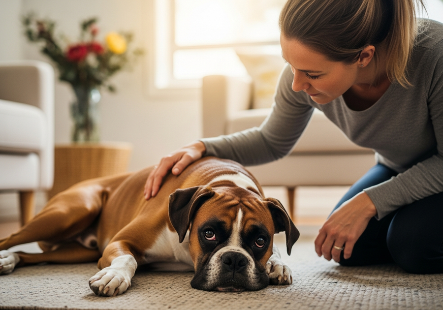 Boxer dog resting with owner sitting beside them, showing signs of gut discomfort in Boxers