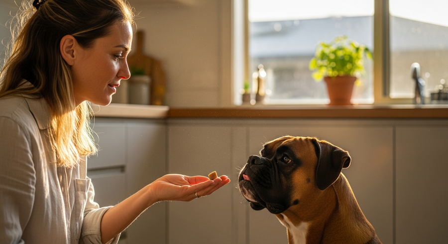 Australian owner offering a probiotic chew to a Boxer dog in a kitchen, showing daily supplement routine for gut health