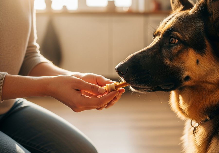 German Shepherd sitting attentively while owner offers a soft probiotic chew in an Australian backyard