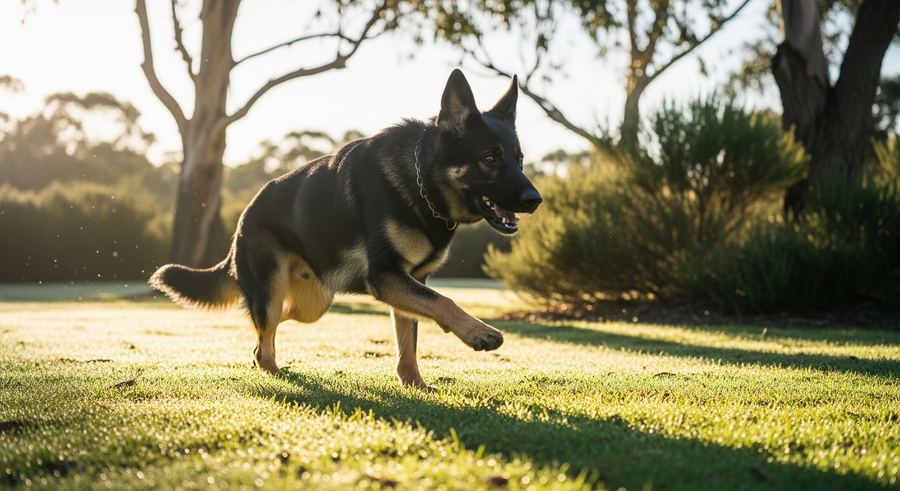 German Shepherd running on a beach in Australia showing active lifestyle supported by daily gut health routine