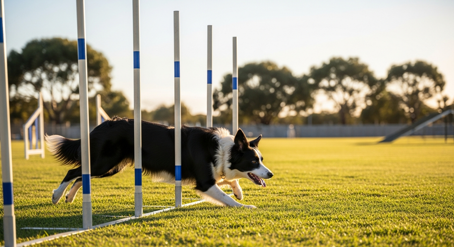 Active Border Collie running through an agility course in an Australian backyard, showcasing the breed's athletic ability and potential for sports injuries