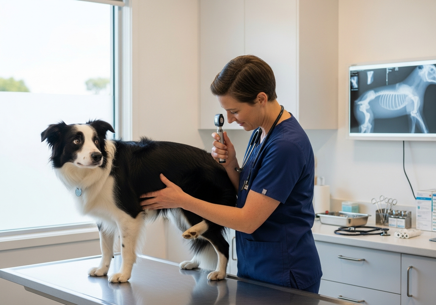 Border Collie sitting calmly during a veterinary health examination, with a vet checking the dog's eyes and joints