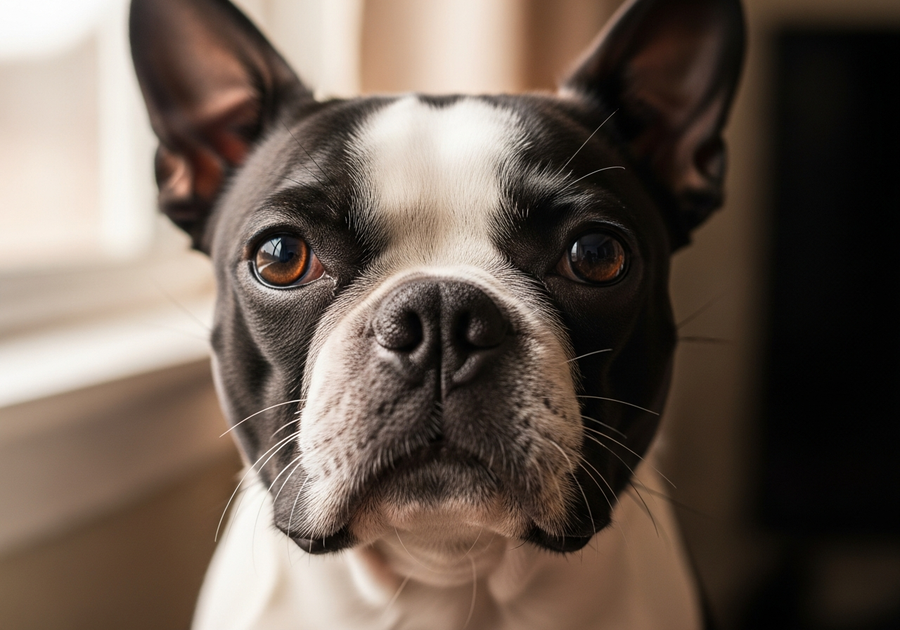 Close-up of Boston Terrier face showing the characteristic flat brachycephalic structure and large round eyes