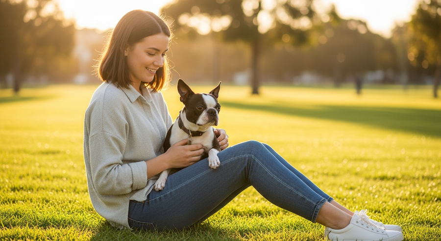 Woman sitting in sunny Australian park with Boston Terrier on her lap, showing the active lifestyle these dogs enjoy with proper health management