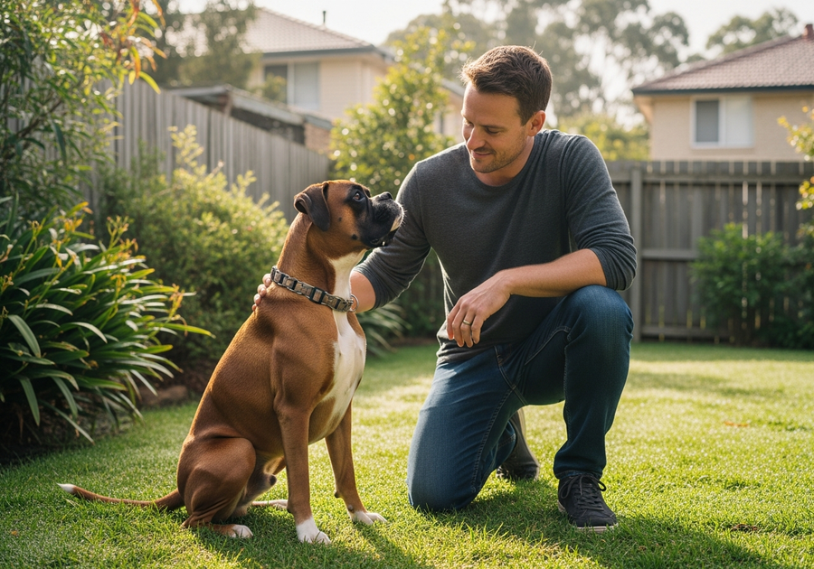 Owner kneeling beside a Boxer dog in a sunny Australian backyard, showing the close bond that can make Boxers prone to separation anxiety