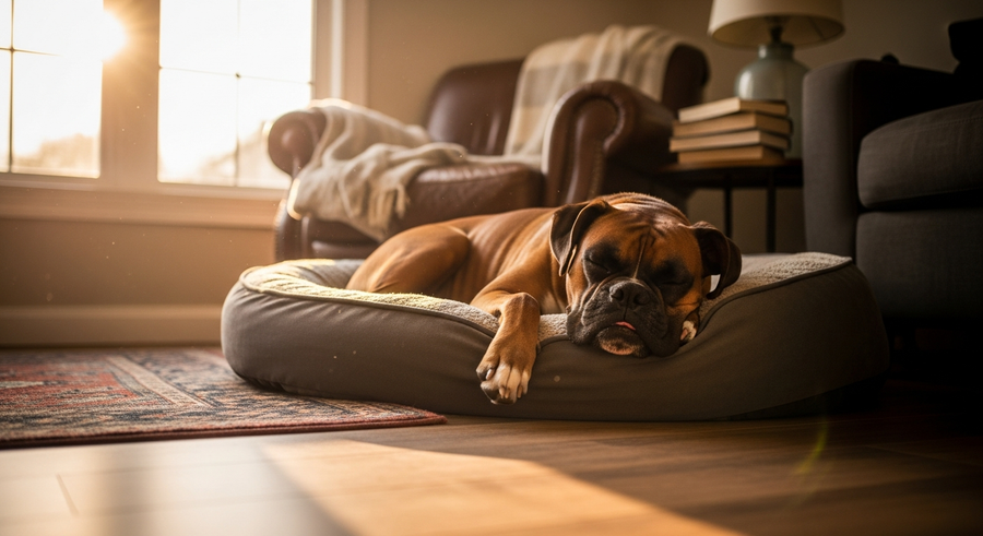 Boxer dog sleeping peacefully on a dog bed in a warm living room, showing calm settled behaviour