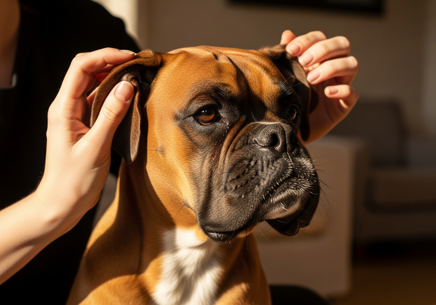 Boxer dog sitting calmly indoors looking up at owner, showing the breed characteristic expressive face and fawn colouring