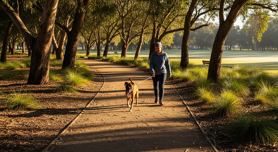 Owner walking Boxer dog through Australian park in morning light, showing active lifestyle supporting boxer health