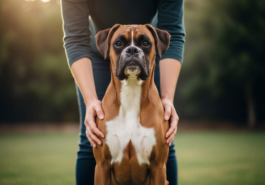 Owner carefully examining a Boxer dog hips in a backyard, checking for joint stiffness or discomfort