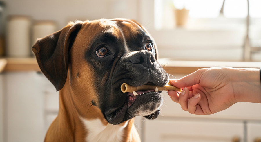 Boxer dog eagerly taking a joint supplement chew from owner hand, showing how easy daily supplementation can be