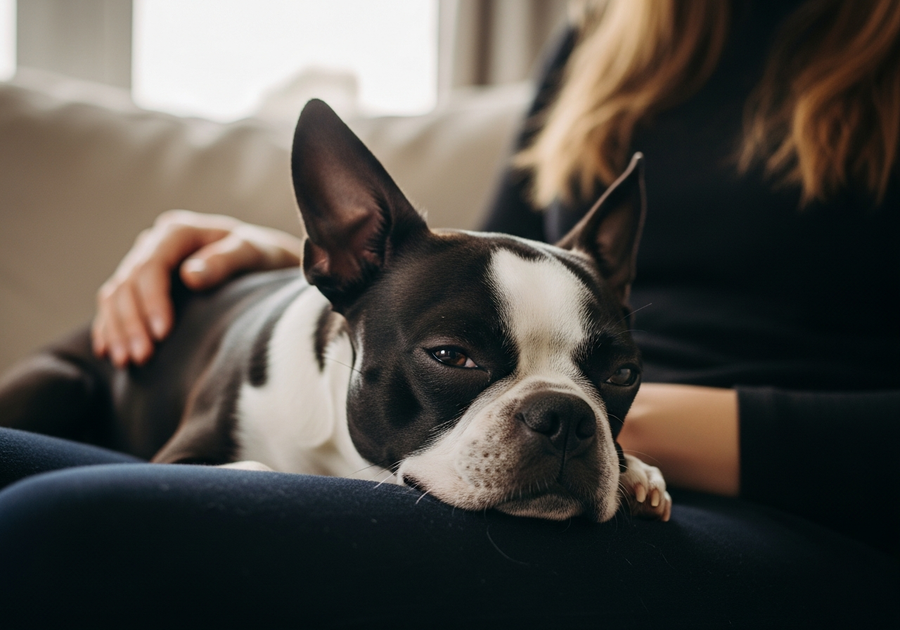 Boston Terrier resting calmly on owner lap indoors, showing the bond between a relaxed dog and their owner