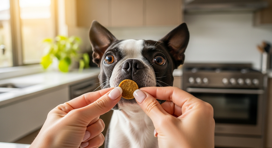Owner offering a calming supplement chew to a Boston Terrier in a bright kitchen, part of a daily health routine