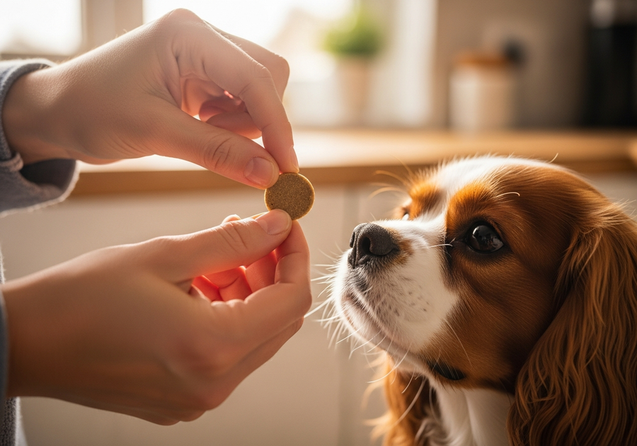 Owner offering a calming supplement chew to a Cavalier King Charles Spaniel in a sunny kitchen