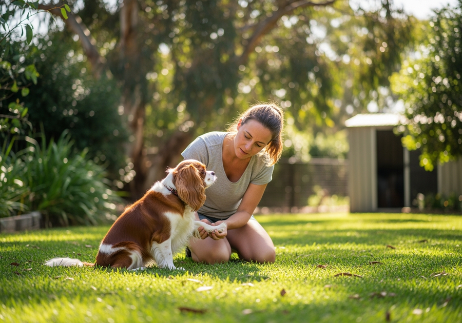 Owner checking the hind leg of a Cavalier King Charles Spaniel on grass showing attentive care for early joint health signs