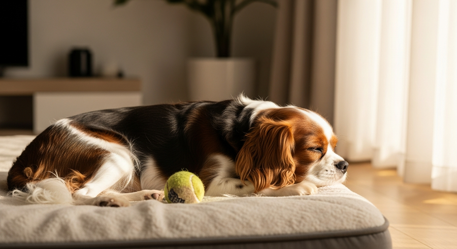 Senior Cavalier King Charles Spaniel resting on a soft bed in warm afternoon light showing the comfort of a consistent joint supplement routine