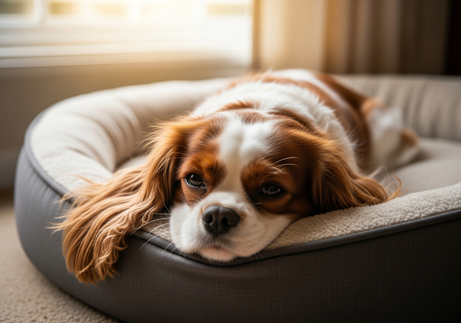 Cavalier King Charles Spaniel resting comfortably indoors, showing the breed's gentle and affectionate nature