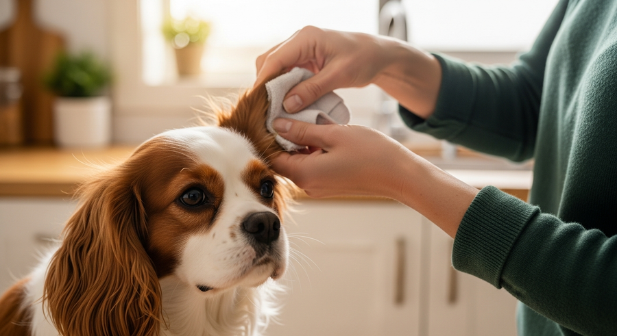 Owner checking a Cavalier King Charles Spaniel's ears at home, showing proactive ear care for the breed