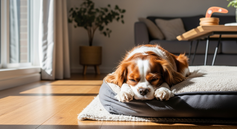 Cavalier King Charles Spaniel resting peacefully on a dog bed in a sunlit Australian living room