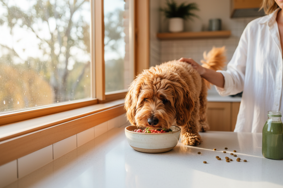 Fluffy Cavoodle eating from a ceramic bowl in an Australian kitchen, showing daily probiotic supplement routine for gut health