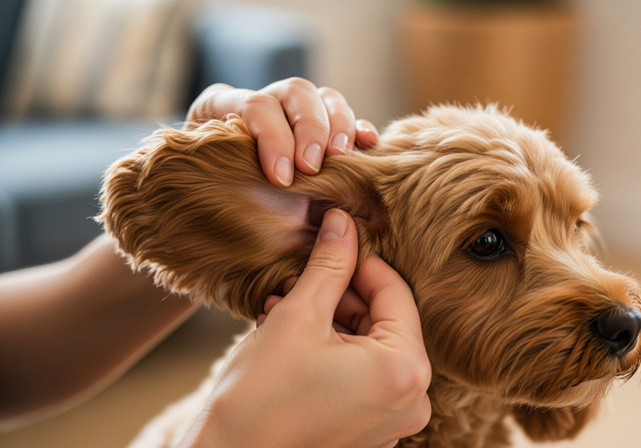 Owner gently inspecting a Cavoodle dog floppy ears at home
