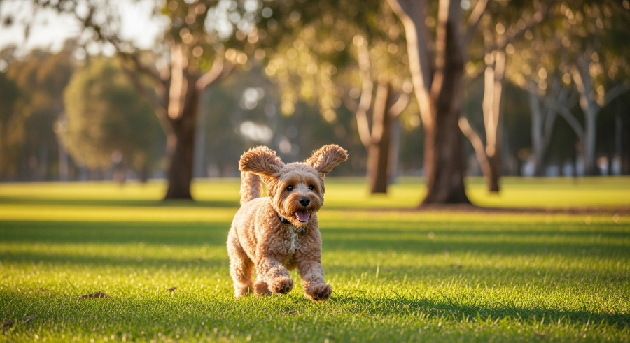 Cavoodle dog running happily in an Australian park on a sunny day