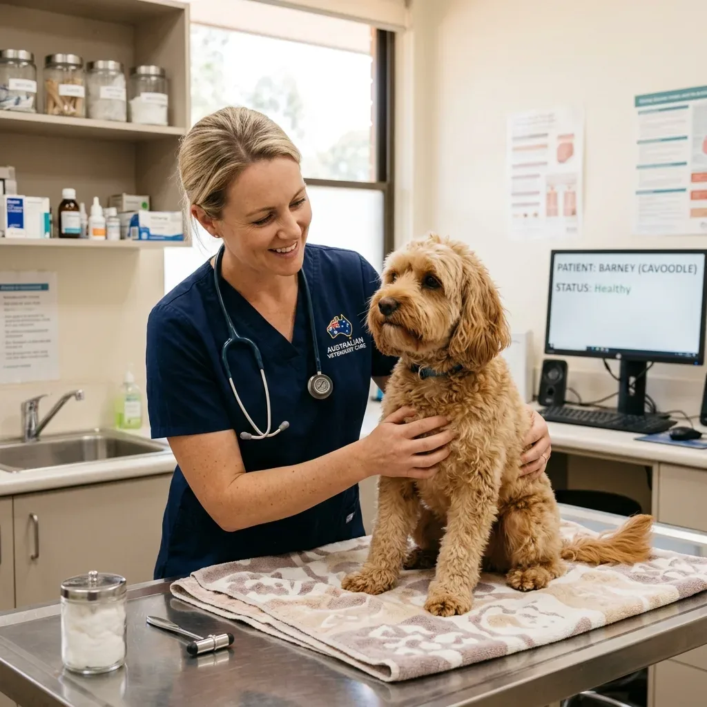 Cavoodle dog on vet examination table during annual health check in Australia