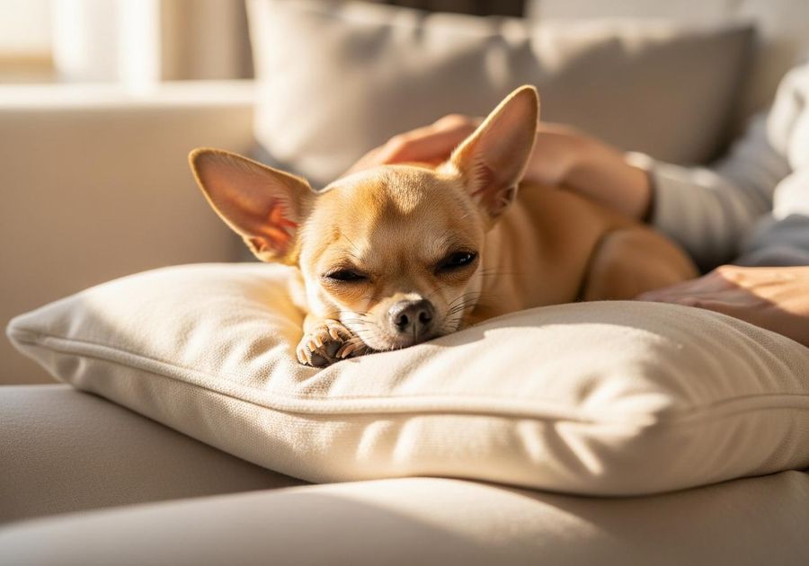 Chihuahua resting calmly beside its owner on a couch, illustrating how daily calming support can help anxious small dogs settle