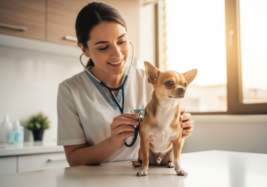 Veterinarian examining a Chihuahua during a routine health check for common breed health issues