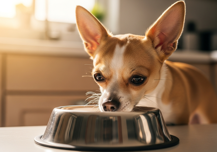 Chihuahua sniffing a food bowl in a kitchen, exploring meal with curiosity, good digestive health