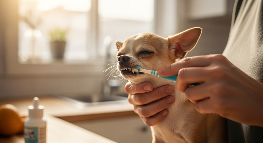 Owner brushing a Chihuahua teeth to prevent dental disease, one of the most common health issues in small breed dogs