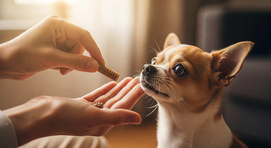 Owner offering a probiotic chew supplement to a Chihuahua, daily gut health routine at home