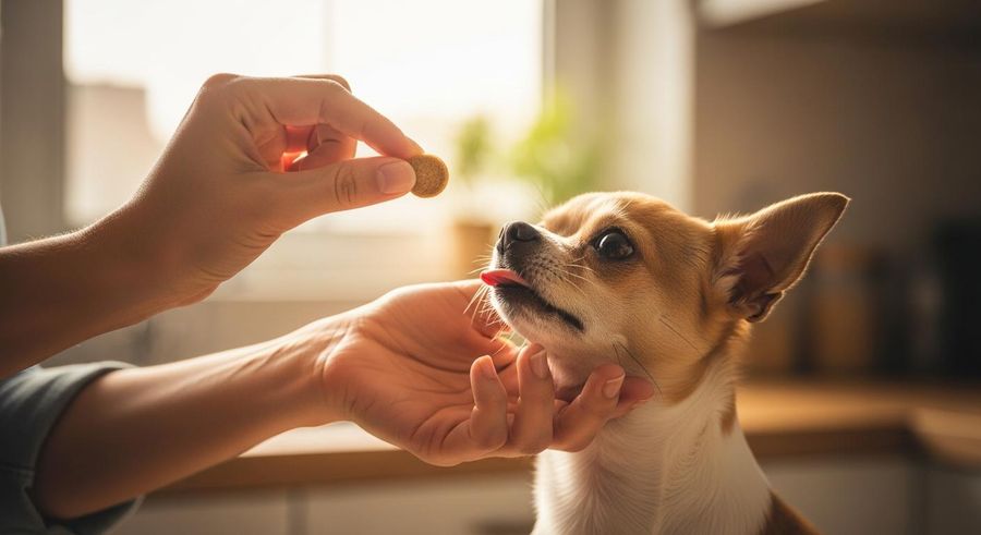 Owner offering a small supplement chew to a Chihuahua in a warm kitchen, showing a daily calming routine for anxious small dogs