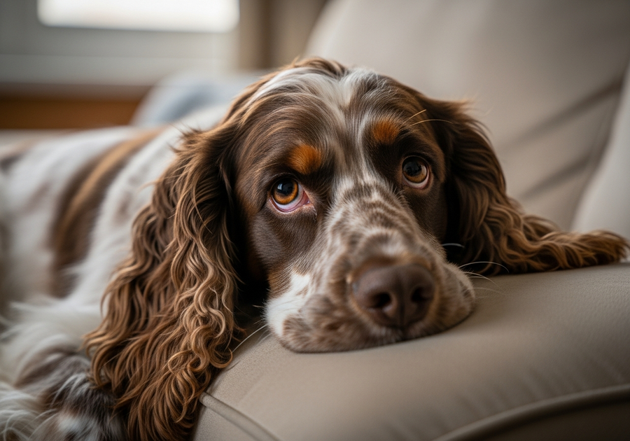 Cocker Spaniel resting head on couch cushion with soulful eyes, showing signs of mild anxiety at home