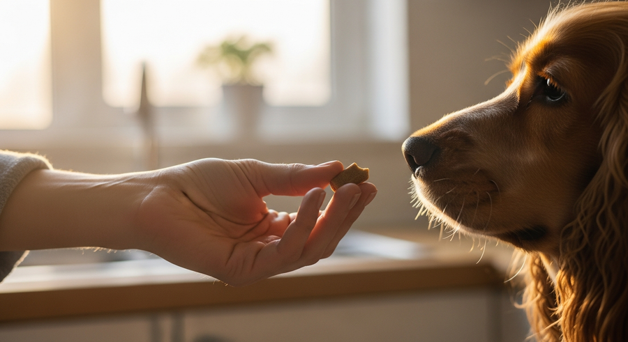 Owner offering a calming supplement chew to a Cocker Spaniel in the kitchen, showing daily supplement routine