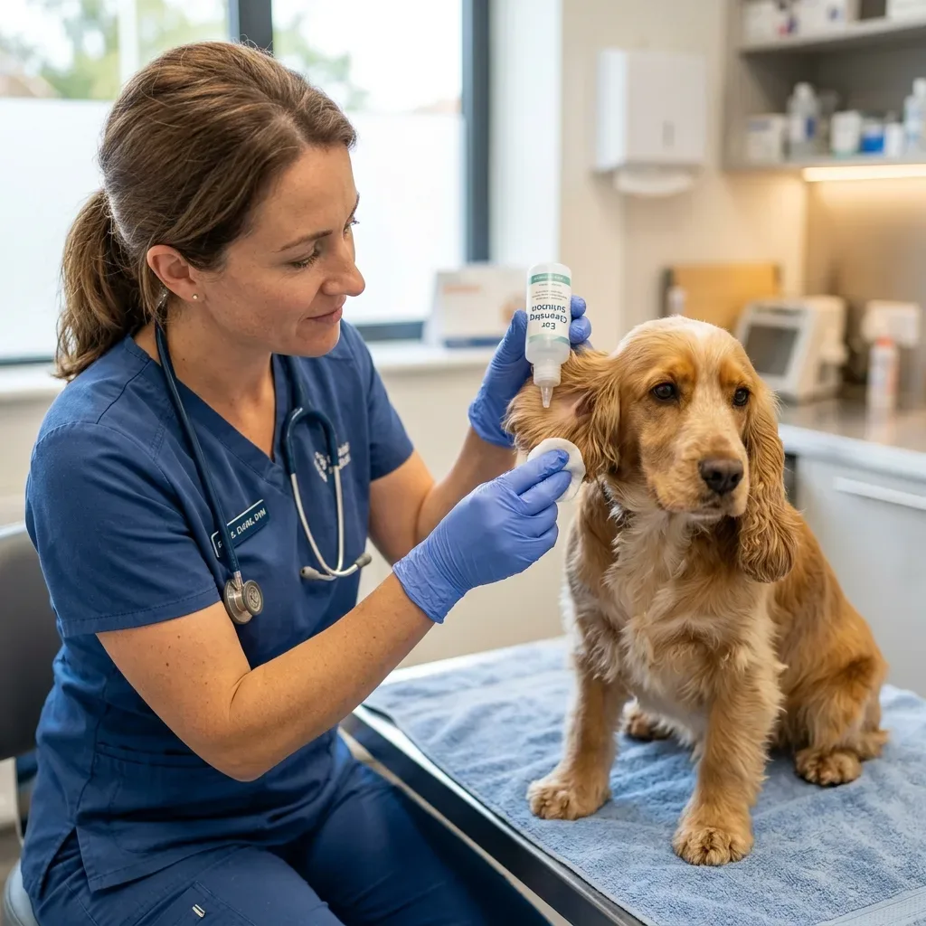 A veterinarian gently cleaning a Cocker Spaniel's ear, an important routine health practice