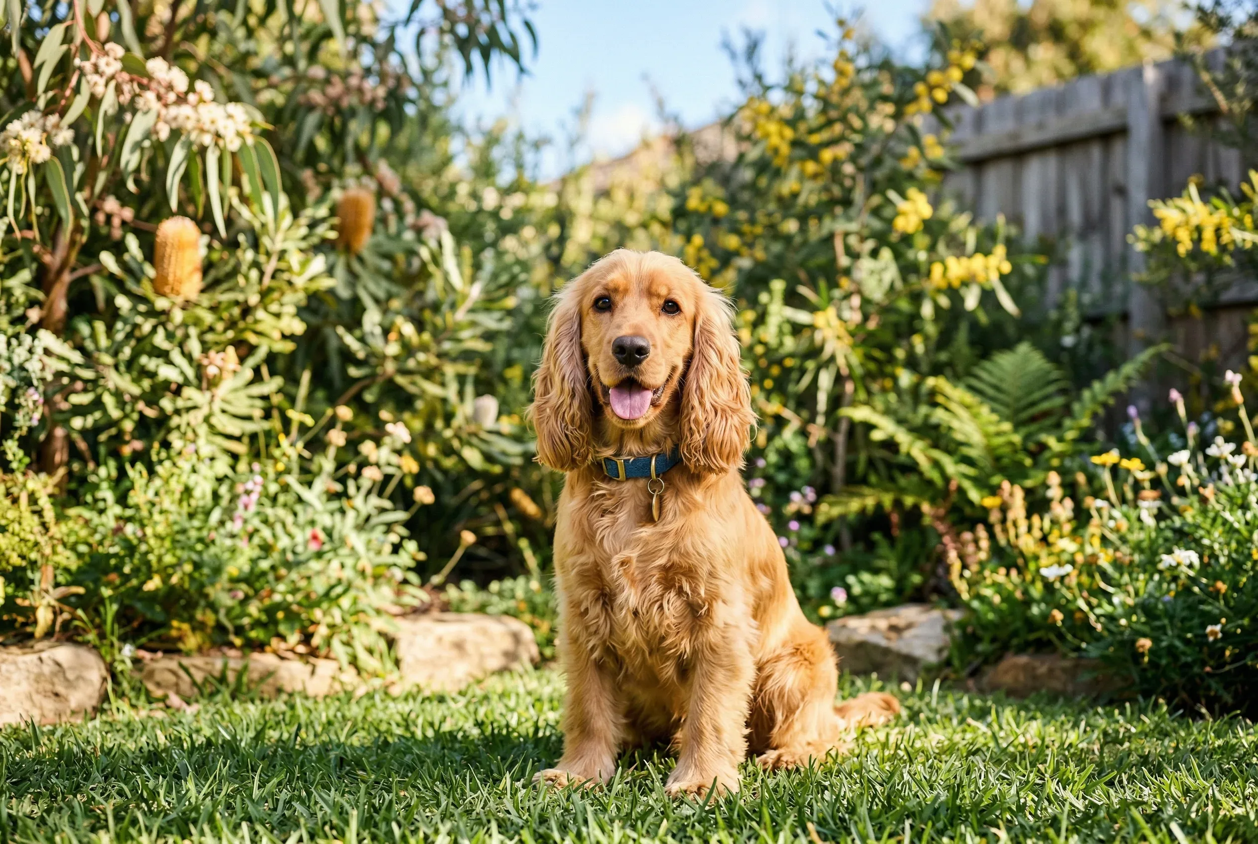 A healthy Cocker Spaniel sitting in a sunny Australian garden